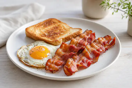 Knaperstekta baconskivor på en tallrik med stekt ägg och rostat bröd