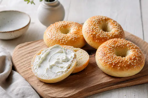 Fyra gyllene bagels med sesamfrön på en skärbräda, en delad bagel med färskost
