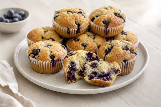 Gyllene blåbärsmuffins i pappersformar på ett fat, en av dem delad så att bären syns