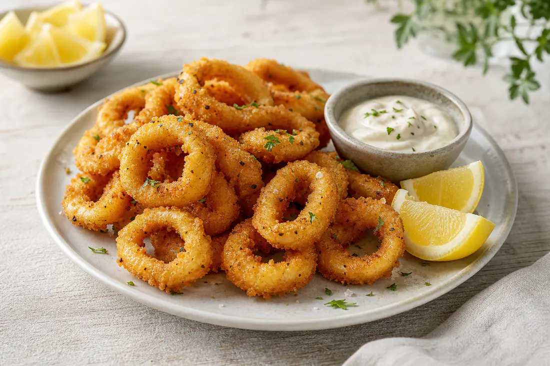 Gyllene panerade bläckfiskringar på en tallrik med aioli och citronklyftor