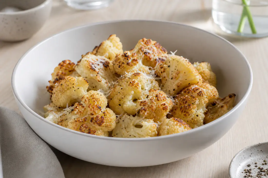 Rostade blomkålsbuketter med gyllene kanter och riven parmesan i en vit skål