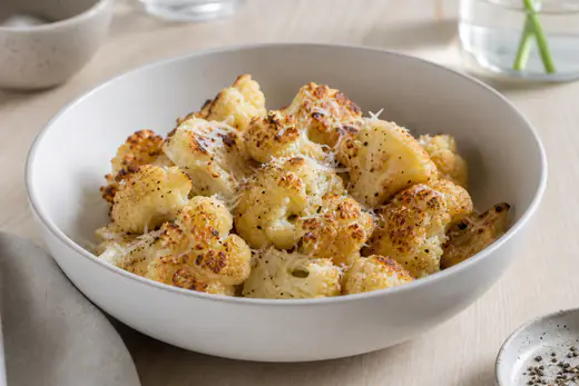 Rostade blomkålsbuketter med gyllene kanter och riven parmesan i en vit skål