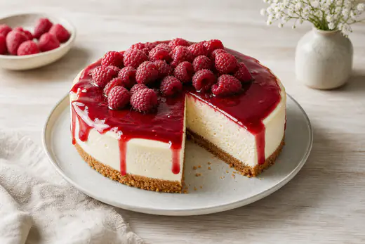 Liten bakad cheesecake med kexbotten på ett fat, toppad med hallonsås och färska hallon