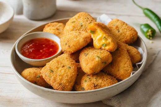 Gyllene panerade chili cheese-bitar med grön chili i en skål, med en sötchilidipp bredvid