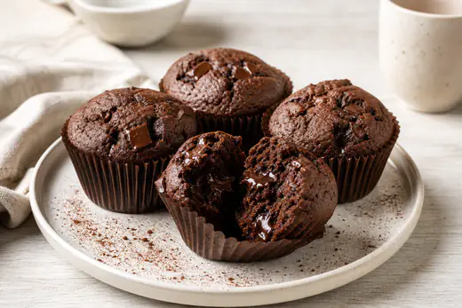 Chokladmuffins i bruna pappersformar på ett fat, en av dem bruten så att chokladbitarna syns
