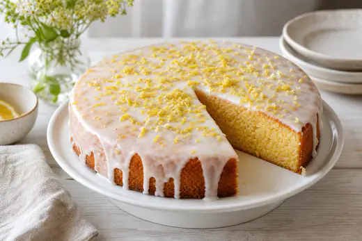 Rund citronkaka med vit citronglasyr och rivet citronskal, en bit uppskuren på ett fat