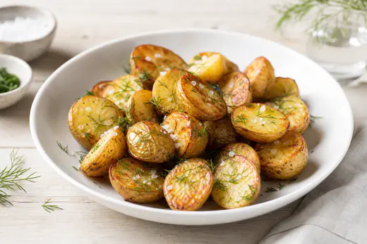 Rostad halverad färskpotatis med flingsalt och färsk dill i en vit skål
