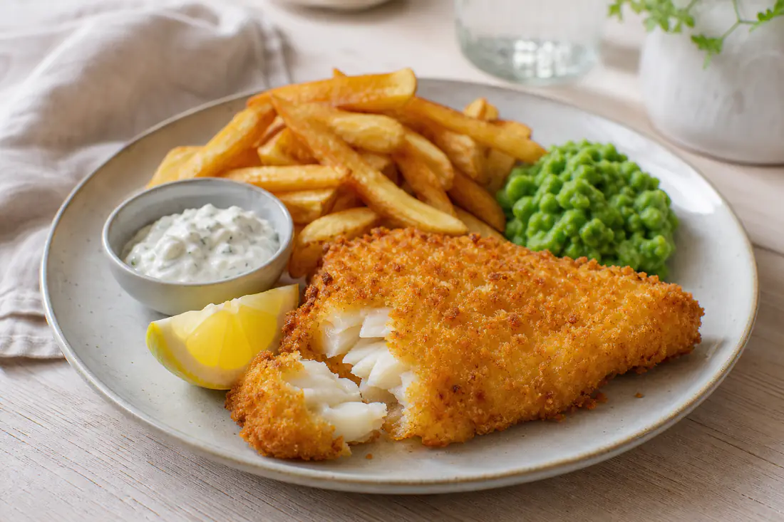 Gyllene pankopanerad torsk med pommes frites, citronklyfta och en skål tartarsås på en tallrik