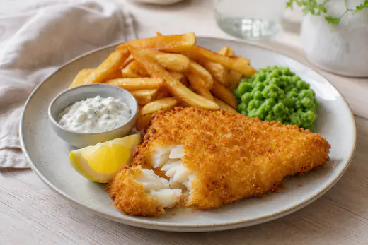 Gyllene pankopanerad torsk med pommes frites, citronklyfta och en skål tartarsås på en tallrik