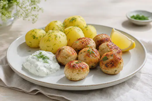 Gyllene stekta fiskbullar på en tallrik med kokt potatis, dillsås och en citronklyfta
