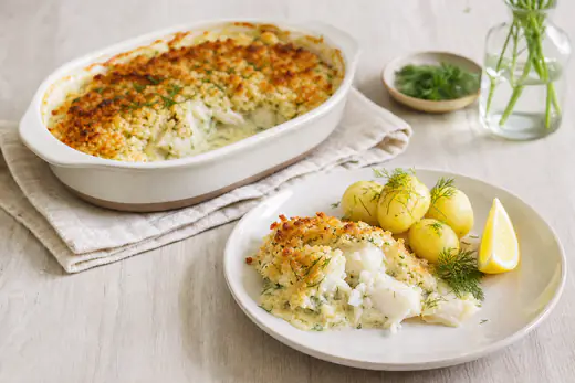 Gratinerad fiskgratäng med gyllene yta i en liten form, en portion med vit fisk och sås på en tallrik med dill och citron
