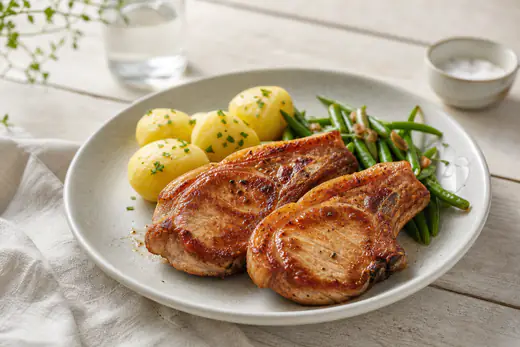 Två gyllenbruna fläskkotletter med ben på en tallrik med kokt potatis och gröna bönor