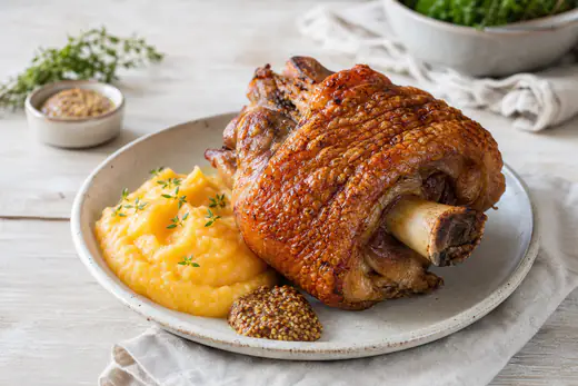 Hel rimmad fläsklägg med krispig svål, serverad med gul rotmos, persilja och senap på en tallrik