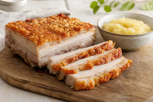 Skivad fläsksida med krispig, bubblig svål och mört kött på en skärbräda, serverad med äppelmos