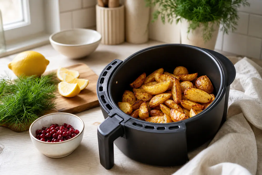 Airfryerkorg med klyftpotatis, dill, citron och lingon på en ljus köksbänk