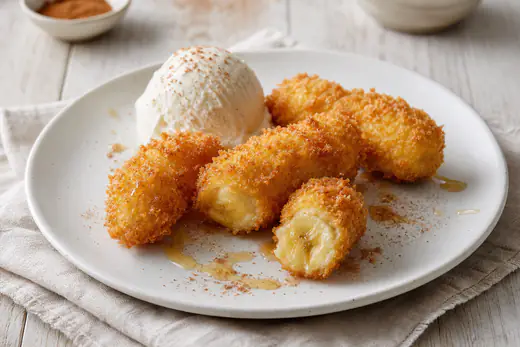 Gyllene pankopanerade bananbitar på en tallrik med vaniljglass, honung och kanel