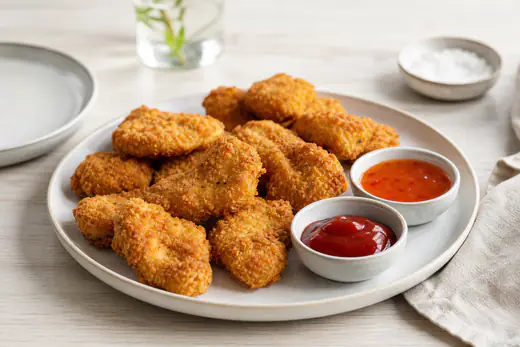 Gyllene krispiga kycklingnuggets på en tallrik med ketchup och sweet chilisås