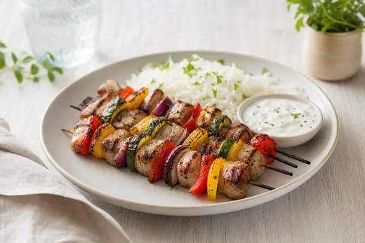 Fyra grillade fläskspett med rödlök, paprika och zucchini på en tallrik med ris och gräddfilssås