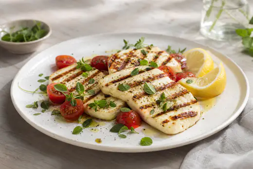 Gyllene halloumiskivor med grillränder på en tallrik med citronklyftor, tomat och färska örter