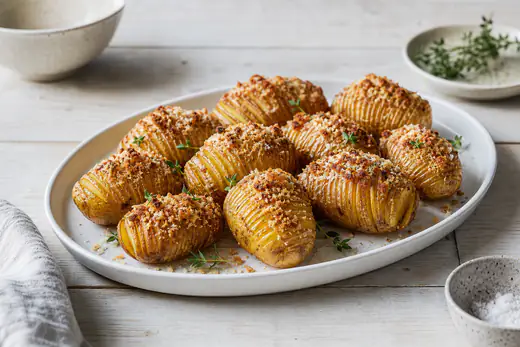 Gyllene hasselbackspotatisar med krispiga, solfjäderformade skivor och ströbröd på ett serveringsfat
