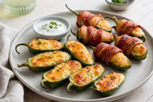 Halverade jalapeños fyllda med gyllene, bubblande färskost och cheddar på en tallrik med gräddfil
