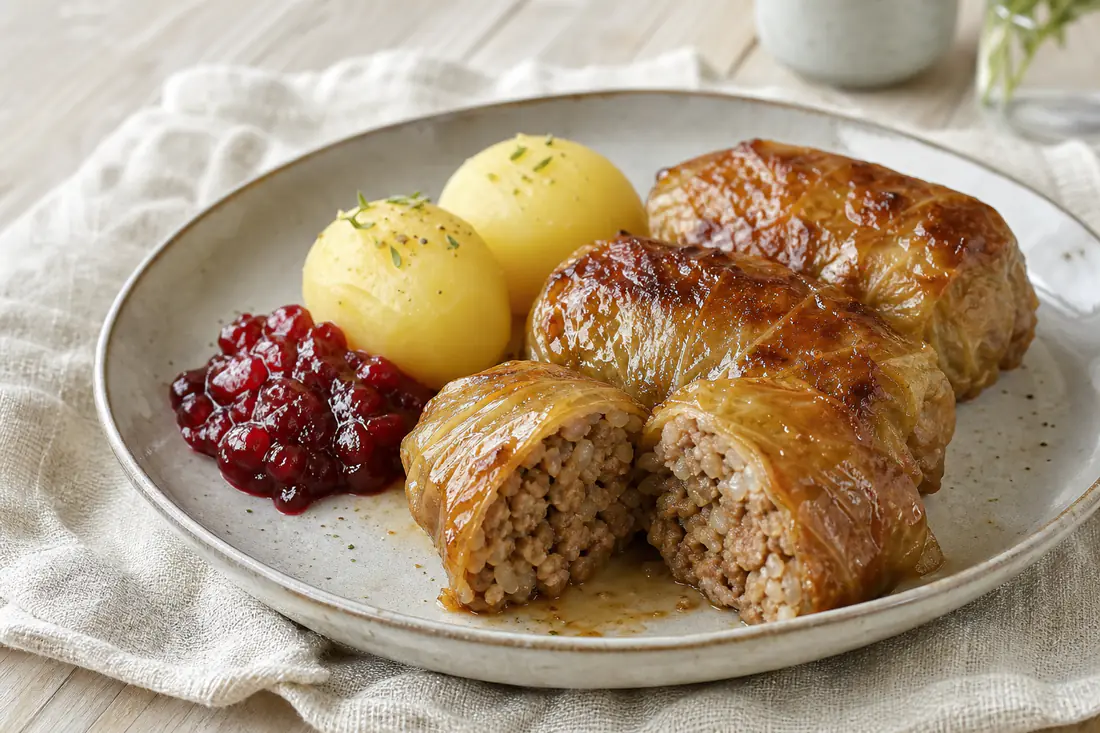 Brunade kåldolmar i en form med glänsande sirapsyta, serverade med kokt potatis och lingonsylt
