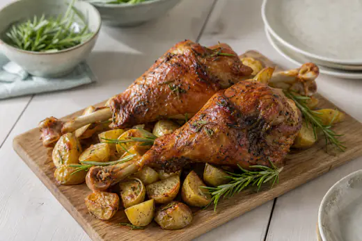 Två gyllenbruna kalkonlår med krispigt skinn på ett skärbräde med rosmarin och rostad potatis
