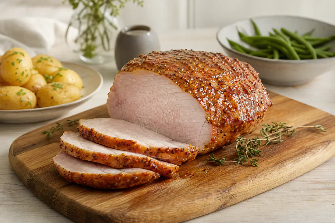Hel kassler med blank senapsglaze, delvis skivad på en skärbräda med kokt potatis och gröna bönor