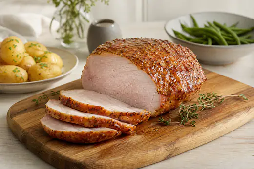 Hel kassler med blank senapsglaze, delvis skivad på en skärbräda med kokt potatis och gröna bönor