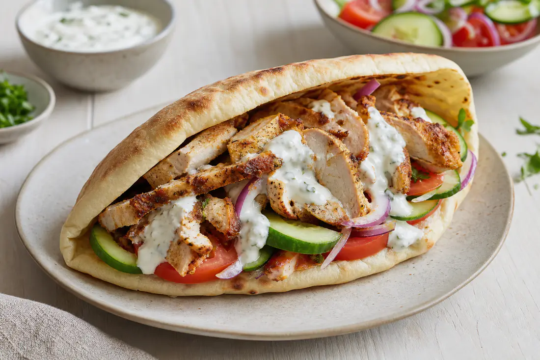Skivad kycklingkebab i pitabröd med tomat, gurka, rödlök och vitlökssås på en tallrik
