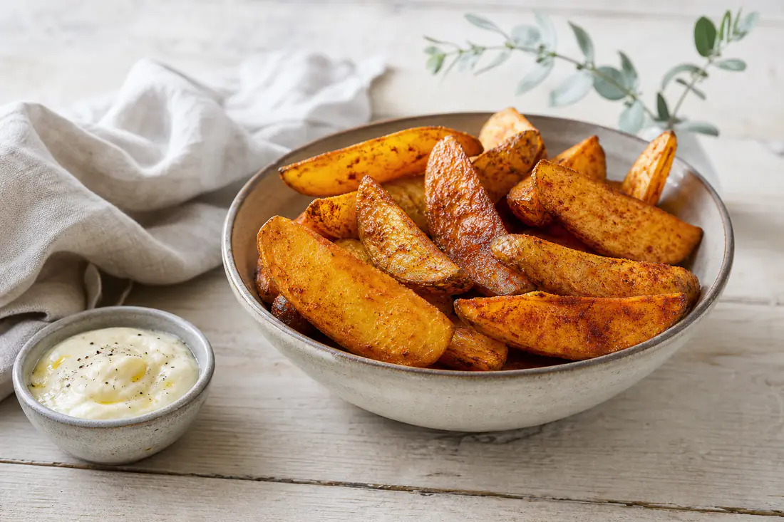 Gyllenbrun kryddig klyftpotatis med skal i en skål med en liten skål aioli bredvid