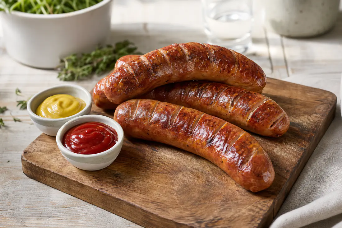 Tjocka grillkorvar med gyllene, lätt spruckna skinn på en skärbräda med senap och ketchup
