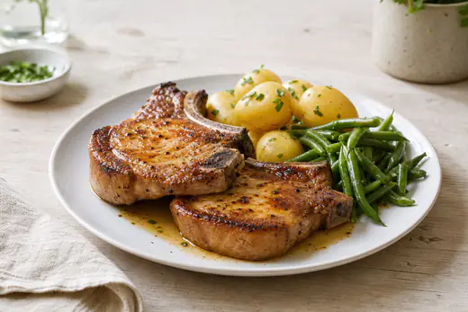 Två gyllenbruna fläskkotletter med ben på en tallrik med kokt potatis och gröna bönor