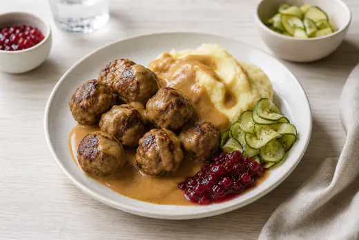 Brynta köttbullar på en tallrik med potatismos, gräddsås, lingonsylt och pressgurka
