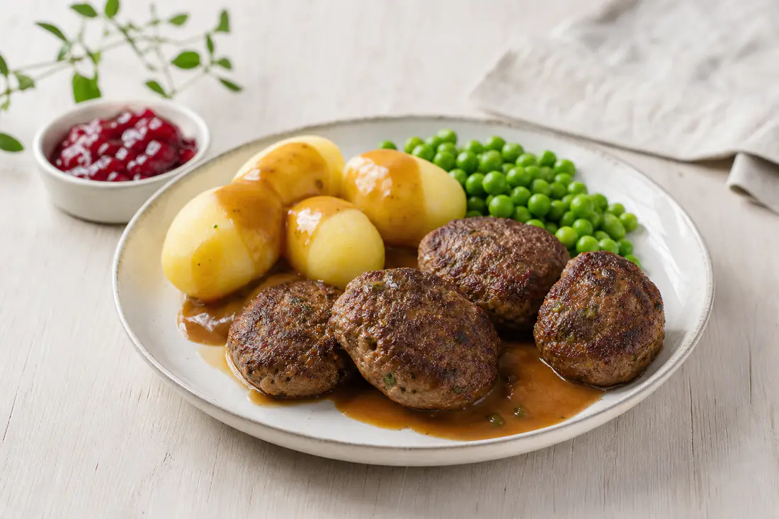 Fyra stekta köttfärsbiffar med mörk stekyta på en tallrik med kokt potatis, brunsås och gröna ärter