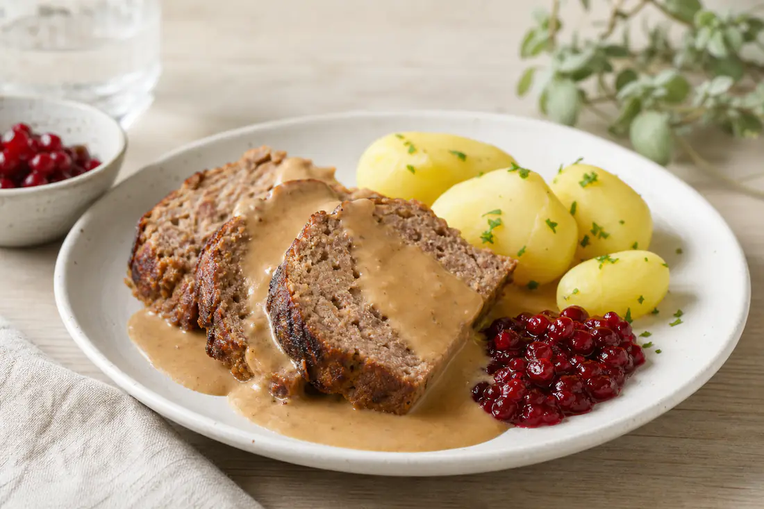 Skivad köttfärslimpa med kokt potatis, gräddsås och lingon på en tallrik