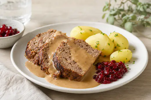 Skivad köttfärslimpa med kokt potatis, gräddsås och lingon på en tallrik