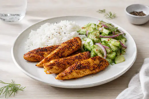 Gyllene kryddade kycklinginnerfiléer på en tallrik med ris och gurksallad