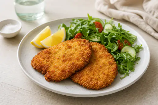 Två gyllene kycklingschnitzlar med frasig pankopanering på en tallrik med citronklyftor och grönsallad