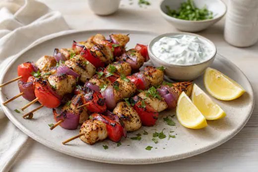 Kycklingspett med grillad paprika och rödlök på ett fat med tzatziki och citron