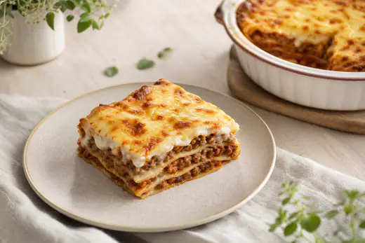 En bit lasagne med köttfärssås och gratinerad ost på en tallrik bredvid en rund form