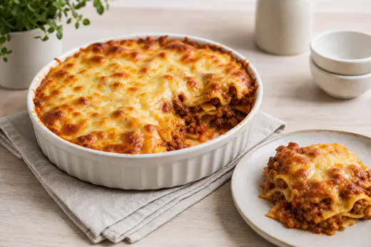 Gratinerad lasagnette med köttfärssås och gyllene ost i en rund ugnsform, en portion upplagd på tallrik