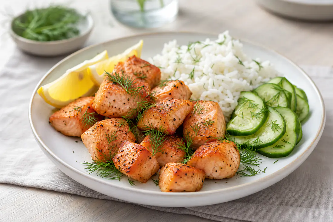 Gyllene laxbitar på en tallrik med ris, gurka, citronklyftor och färsk dill