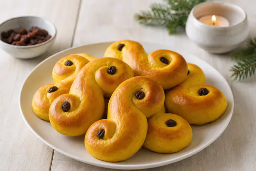 Saffransgula lussekatter formade som S med russin på ett fat med glitter och ljus i bakgrunden