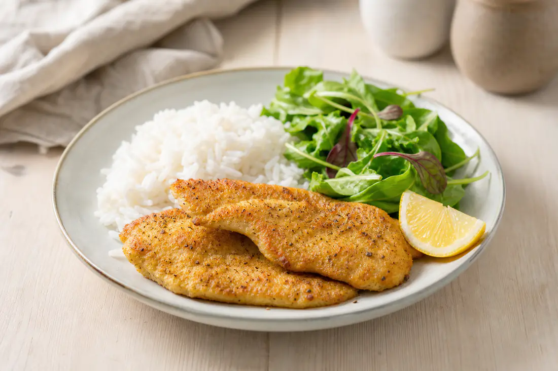 Tunna gyllene kycklingminutfiléer på en tallrik med ris, grönsallad och en citronklyfta