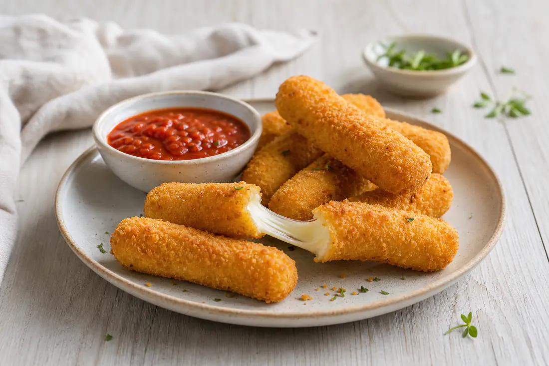 Gyllene panerade mozzarella sticks, en av dem delad så att den utdragna osten syns, med marinarasås i en skål