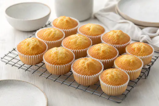Gyllene vaniljmuffins i vita pappersformar på ett bakgaller