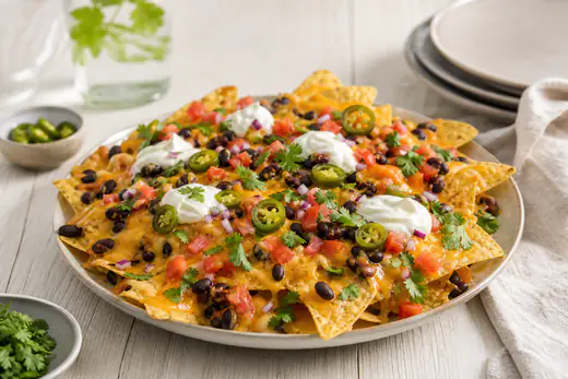 Nachotallrik med smält cheddar, svarta bönor, tomat, jalapeño, gräddfil och koriander