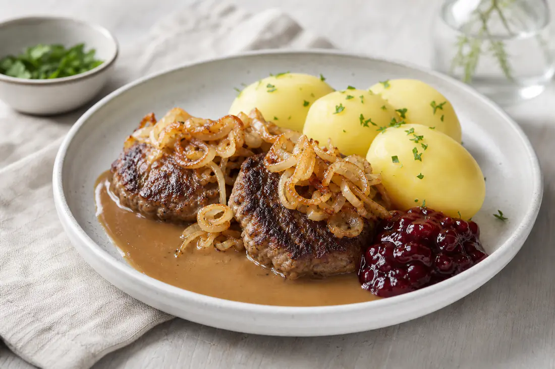 Pannbiffar toppade med stekt lök, kokt potatis, brunsås och lingon på en tallrik