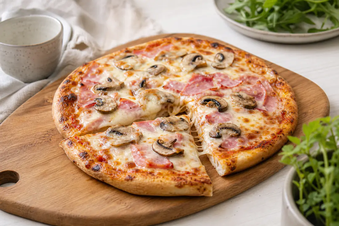 Liten rund pizza med skinka, champinjoner och smält mozzarella på en skärbräda, en bit utskuren